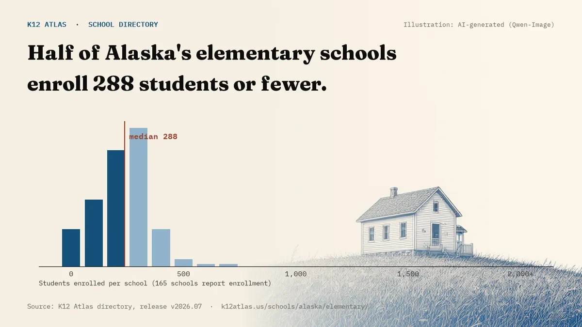 Histogram of enrollment: half of Alaska's elementary schools enroll 288 students or fewer (165 schools report enrollment).