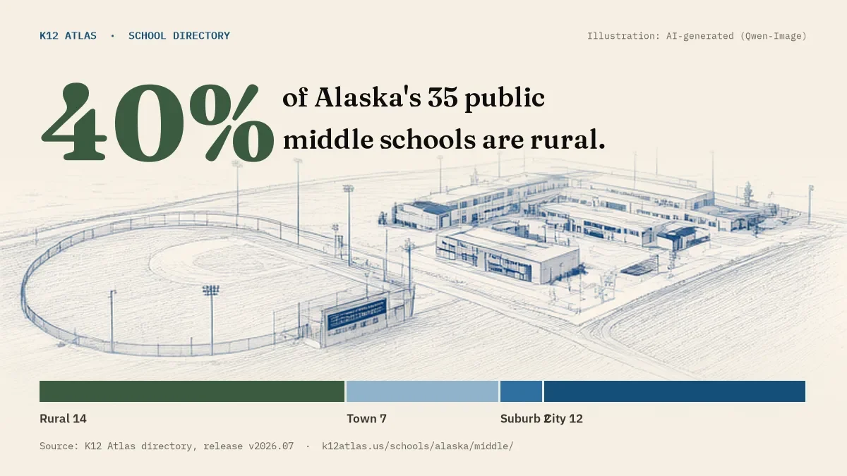 40% of Alaska's 35 public middle schools are rural (rural 14, town 7, suburb 2, city 12).