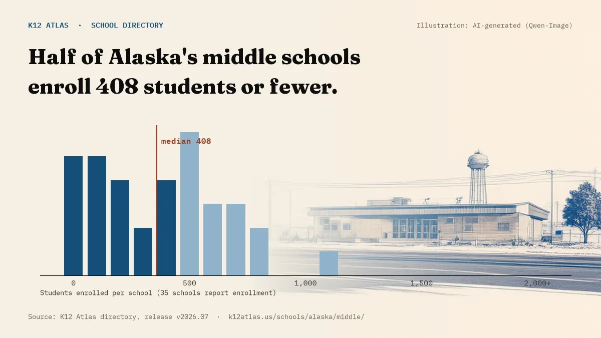 Histogram of enrollment: half of Alaska's middle schools enroll 408 students or fewer (35 schools report enrollment).