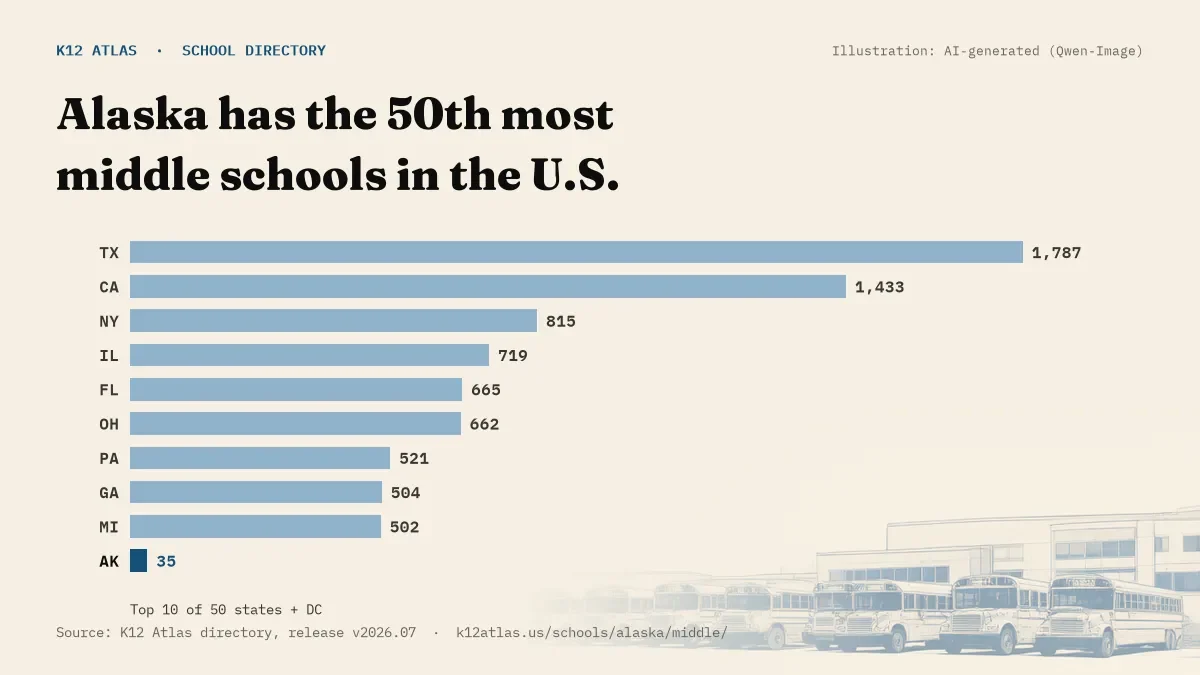 Bar chart of the states with the most middle schools: Alaska has the 50th most of the 50 states and DC, with 35.
