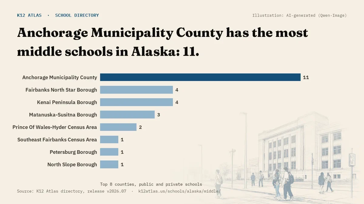 Bar chart of Alaska counties by number of middle schools: Anchorage Municipality County has the most, 11.