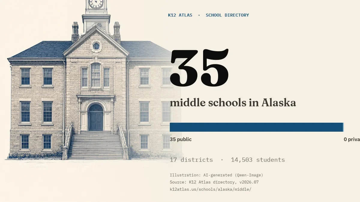 35 middle schools in Alaska: 35 public and 0 private, across 17 districts with 14,503 students.