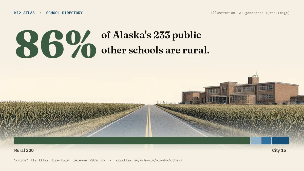 86% of Alaska's 233 public other schools are rural (rural 200, town 9, suburb 9, city 15).