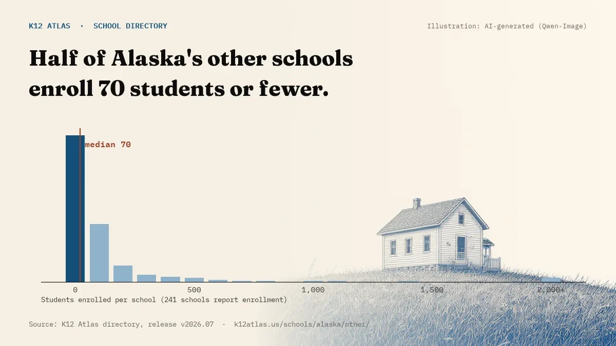 Histogram of enrollment: half of Alaska's other schools enroll 70 students or fewer (241 schools report enrollment).