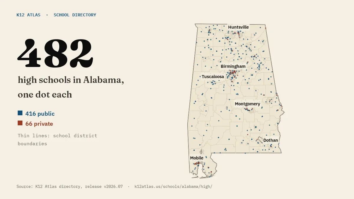 Map of Alabama with one dot for each of its 482 mapped high schools, over school district boundaries.