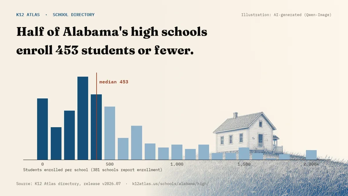 Histogram of enrollment: half of Alabama's high schools enroll 453 students or fewer (381 schools report enrollment).