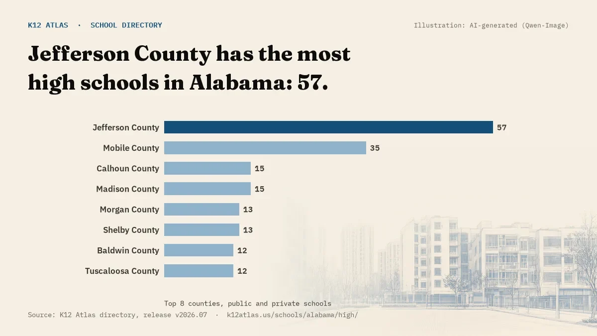 Bar chart of Alabama counties by number of high schools: Jefferson County has the most, 57.