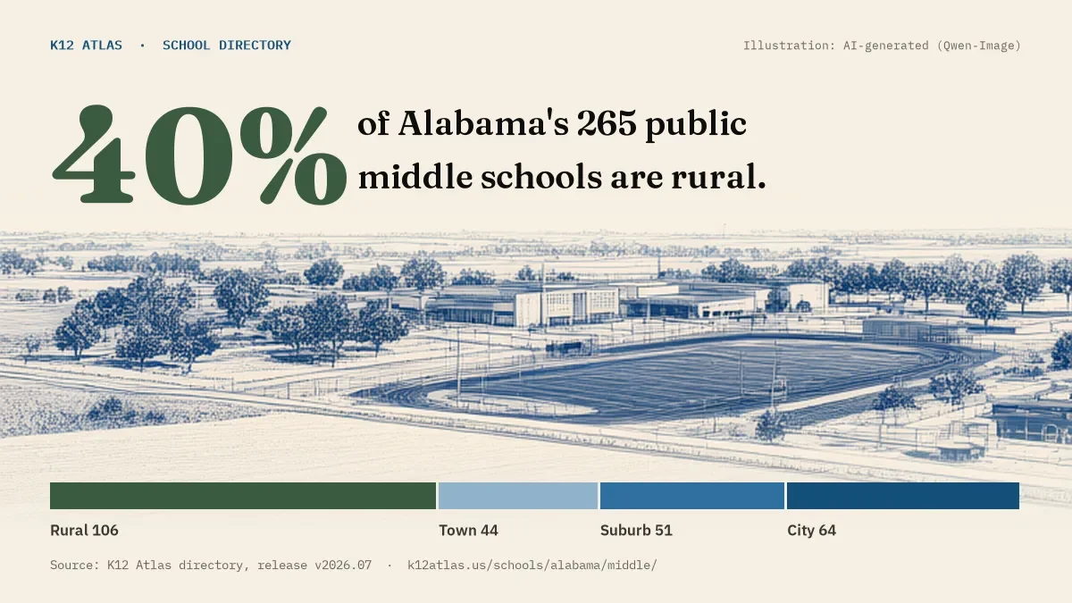 40% of Alabama's 265 public middle schools are rural (rural 106, town 44, suburb 51, city 64).