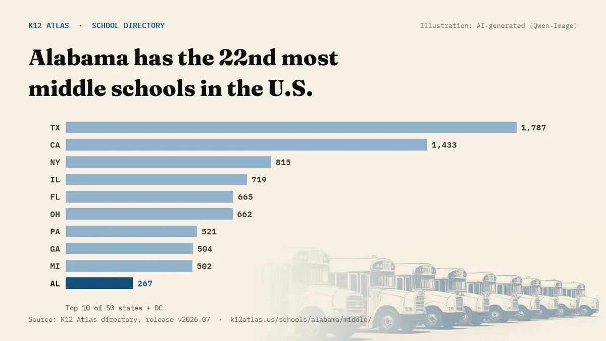 Bar chart of the states with the most middle schools: Alabama has the 22nd most of the 50 states and DC, with 267.