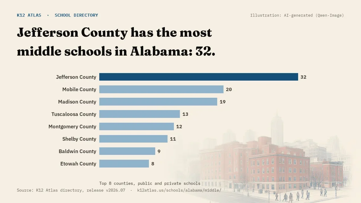 Bar chart of Alabama counties by number of middle schools: Jefferson County has the most, 32.