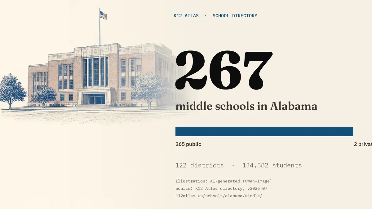 267 middle schools in Alabama: 265 public and 2 private, across 122 districts with 134,382 students.