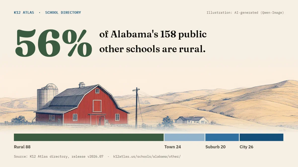56% of Alabama's 158 public other schools are rural (rural 88, town 24, suburb 20, city 26).