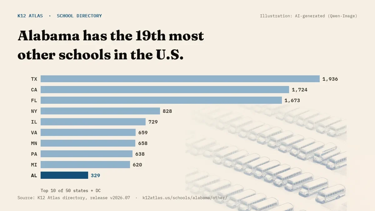 Bar chart of the states with the most other schools: Alabama has the 19th most of the 50 states and DC, with 329.