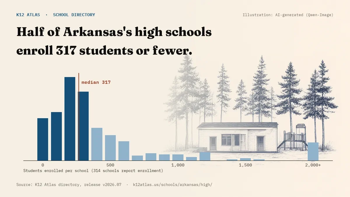 Histogram of enrollment: half of Arkansas's high schools enroll 317 students or fewer (314 schools report enrollment).