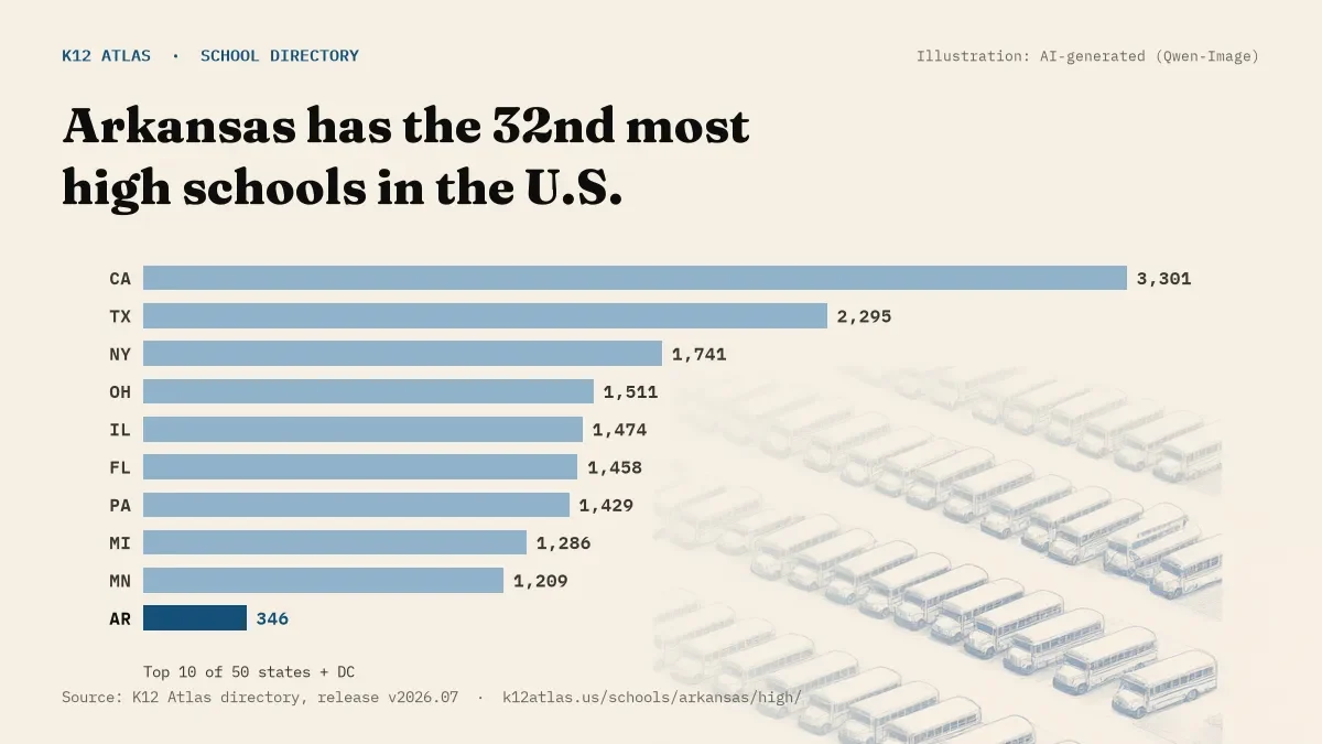 Bar chart of the states with the most high schools: Arkansas has the 32nd most of the 50 states and DC, with 346.