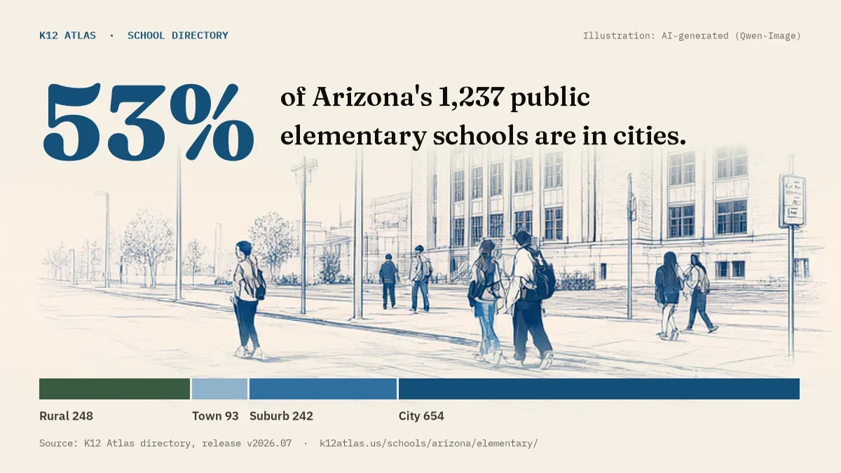 53% of Arizona's 1,237 public elementary schools are in cities (rural 248, town 93, suburb 242, city 654).