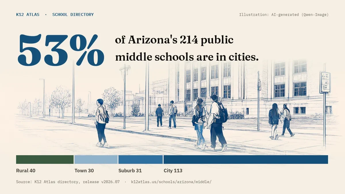 53% of Arizona's 214 public middle schools are in cities (rural 40, town 30, suburb 31, city 113).