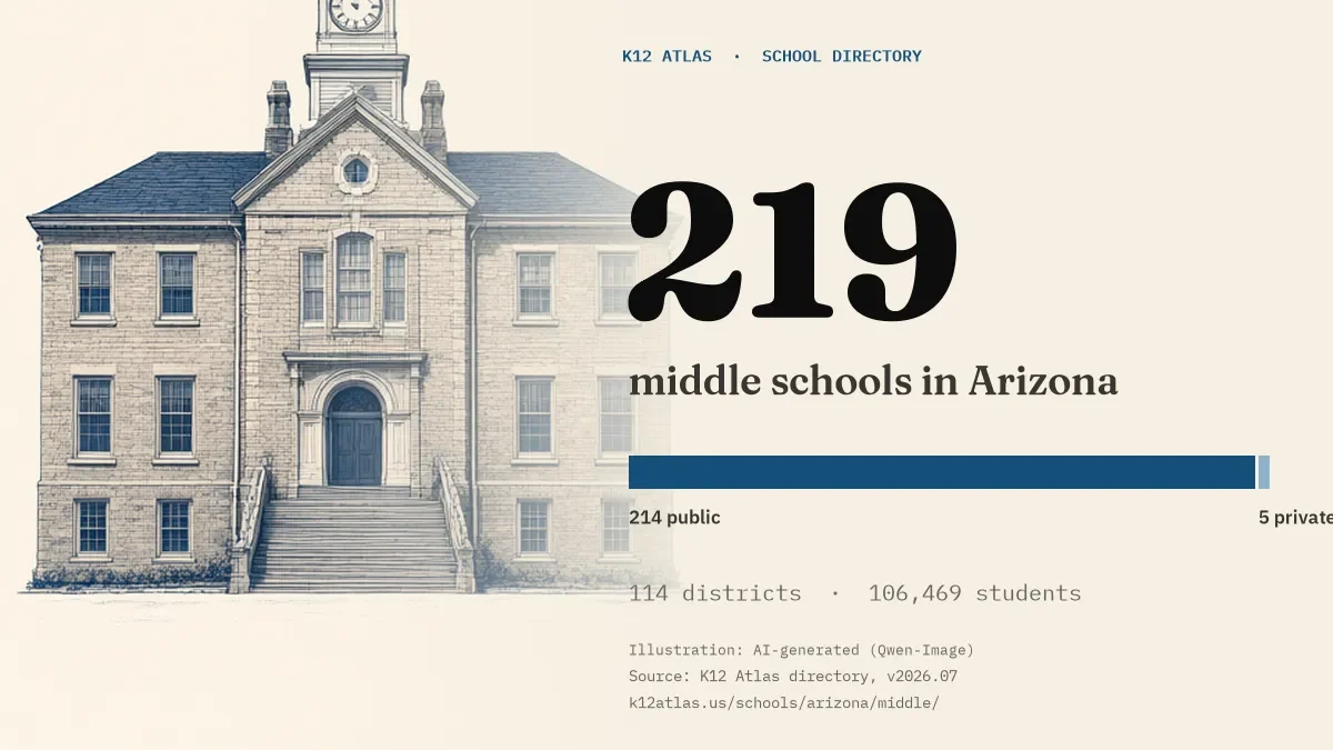 219 middle schools in Arizona: 214 public and 5 private, across 114 districts with 106,469 students.