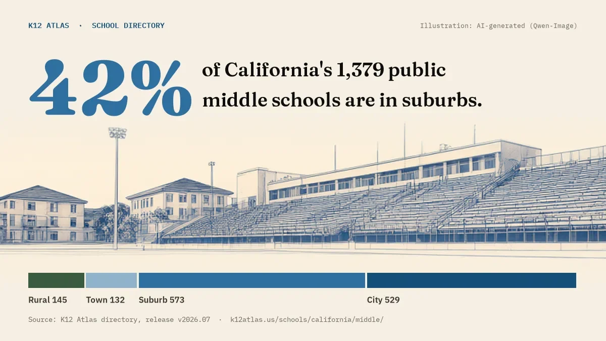 42% of California's 1,379 public middle schools are in suburbs (rural 145, town 132, suburb 573, city 529).