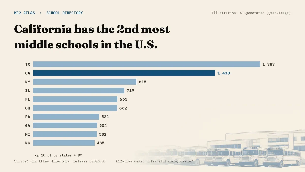 Bar chart of the states with the most middle schools: California has the 2nd most of the 50 states and DC, with 1,433.