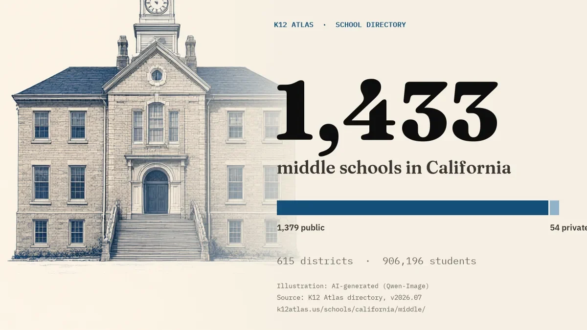 1,433 middle schools in California: 1,379 public and 54 private, across 615 districts with 906,196 students.
