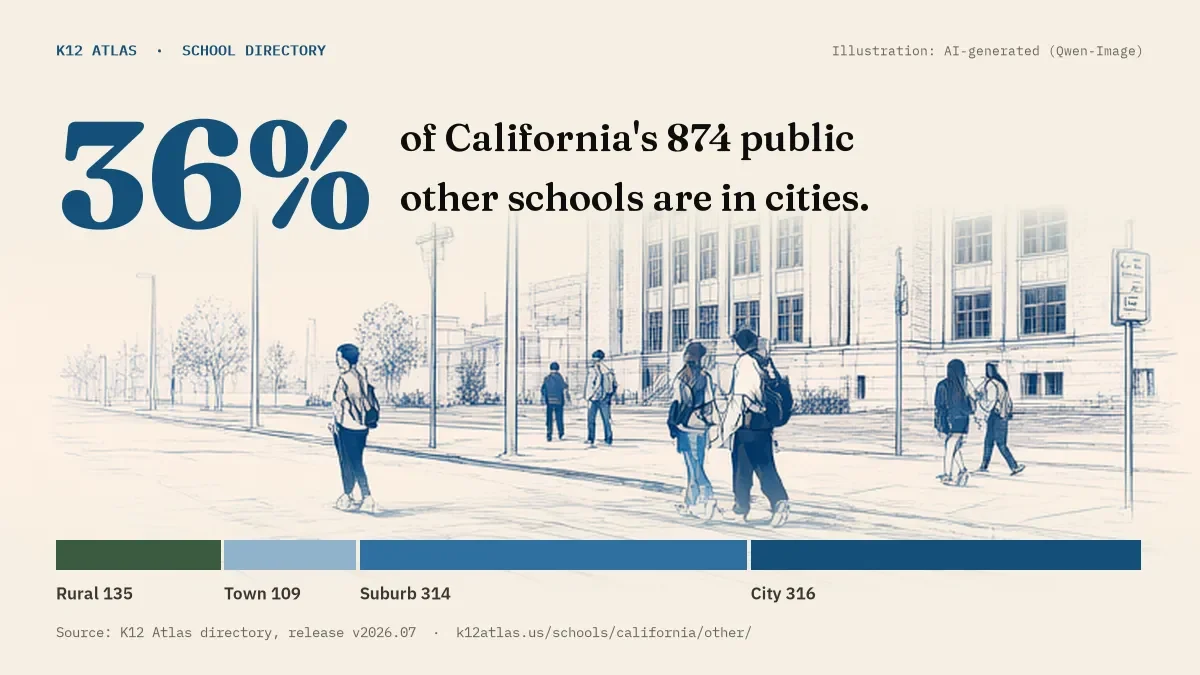 36% of California's 874 public other schools are in cities (rural 135, town 109, suburb 314, city 316).