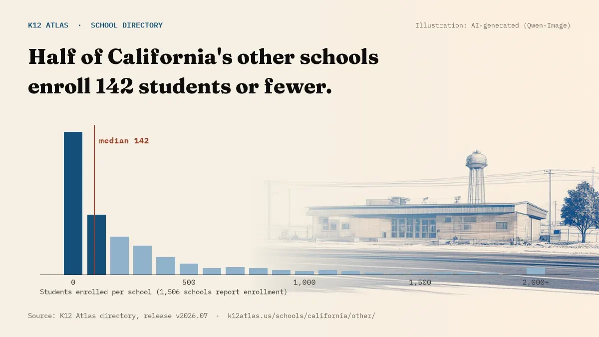 Histogram of enrollment: half of California's other schools enroll 142 students or fewer (1,506 schools report enrollment).