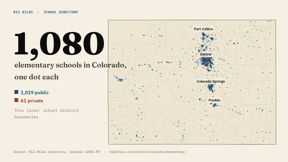 Map of Colorado with one dot for each of its 1,080 mapped elementary schools, over school district boundaries.