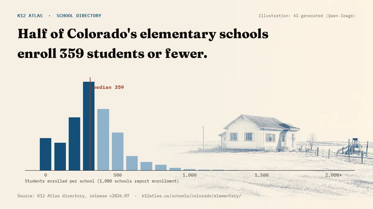 Histogram of enrollment: half of Colorado's elementary schools enroll 359 students or fewer (1,080 schools report enrollment).