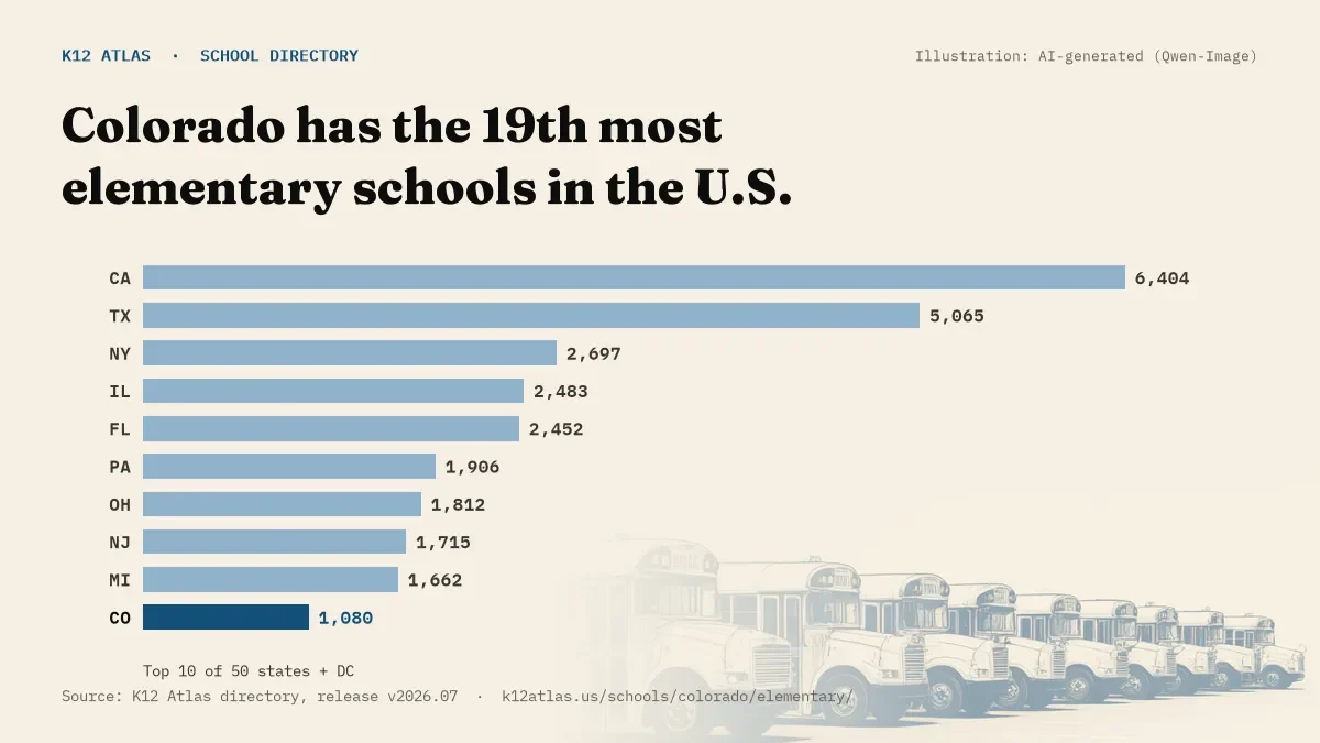 Bar chart of the states with the most elementary schools: Colorado has the 19th most of the 50 states and DC, with 1,080.