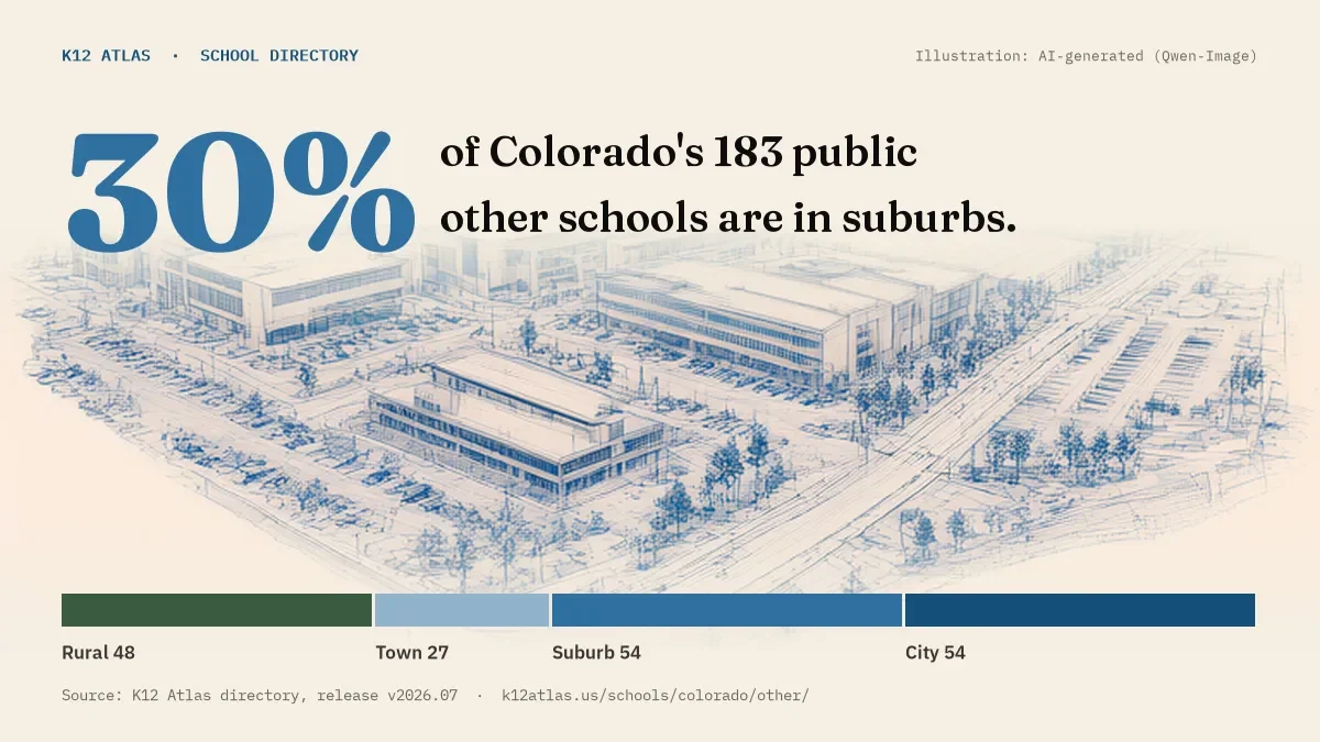 30% of Colorado's 183 public other schools are in suburbs (rural 48, town 27, suburb 54, city 54).