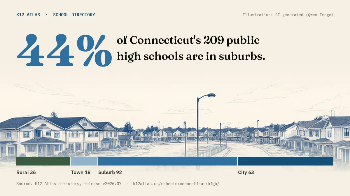 44% of Connecticut's 209 public high schools are in suburbs (rural 36, town 18, suburb 92, city 63).