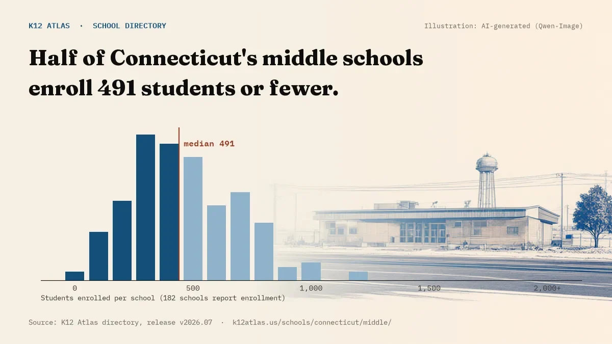 Histogram of enrollment: half of Connecticut's middle schools enroll 491 students or fewer (182 schools report enrollment).