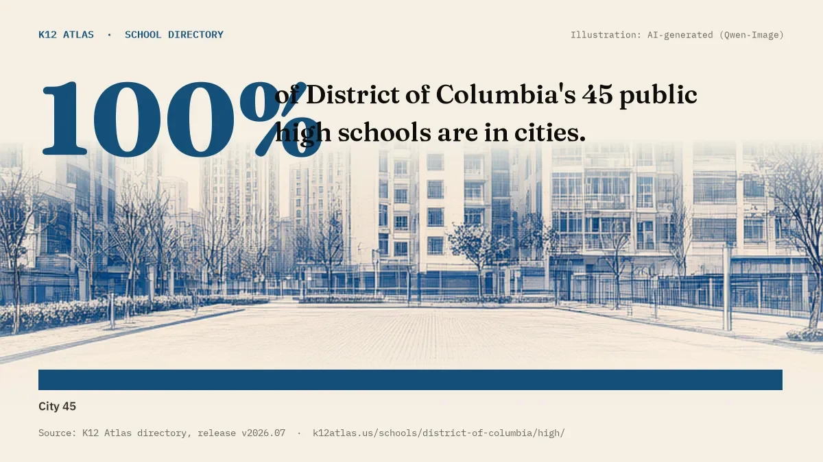 100% of District of Columbia's 45 public high schools are in cities (rural 0, town 0, suburb 0, city 45).