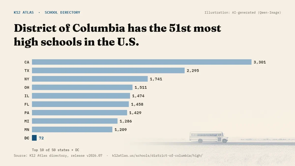Bar chart of the states with the most high schools: District of Columbia has the 51st most of the 50 states and DC, with 72.