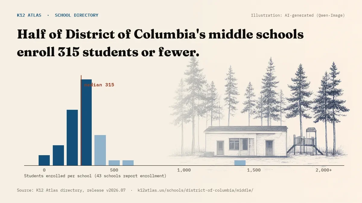 Histogram of enrollment: half of District of Columbia's middle schools enroll 315 students or fewer (43 schools report enrollment).