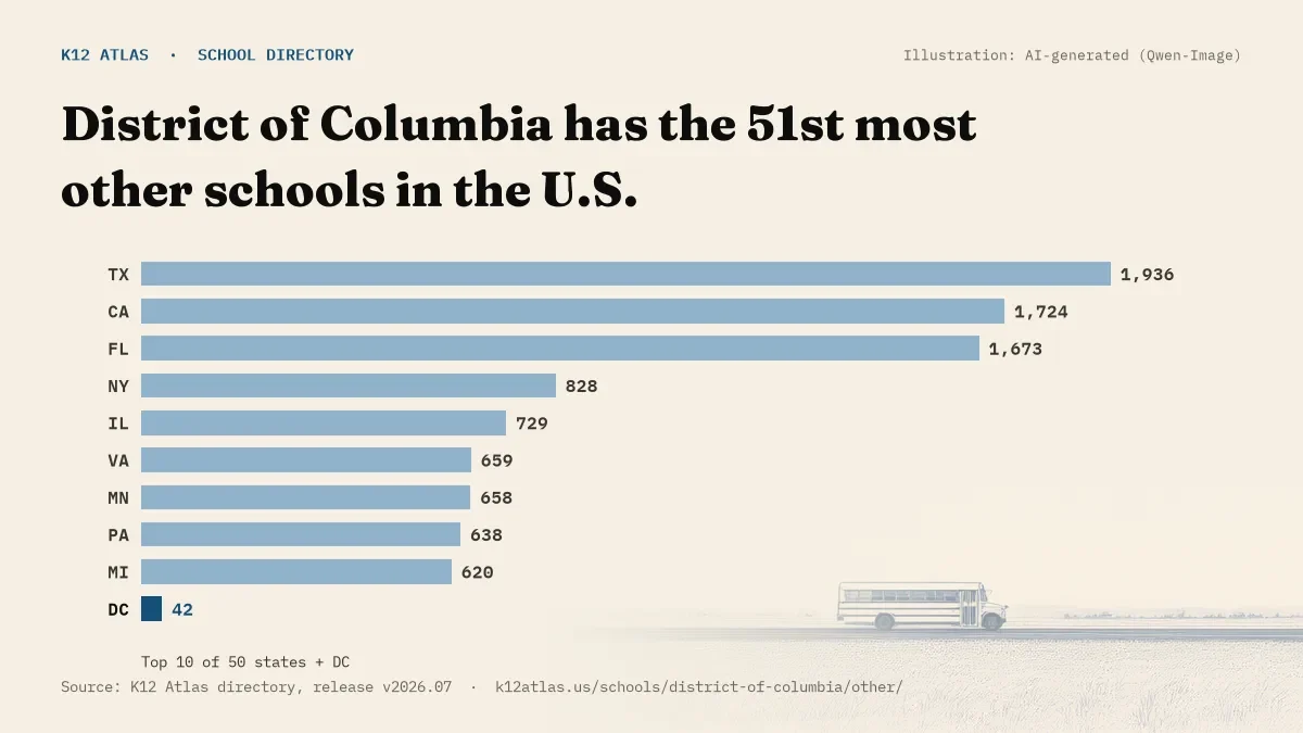 Bar chart of the states with the most other schools: District of Columbia has the 51st most of the 50 states and DC, with 42.