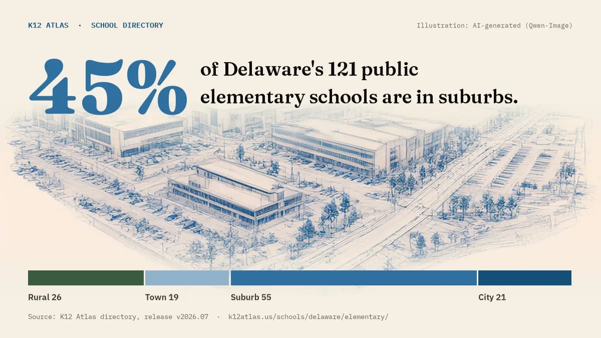 45% of Delaware's 121 public elementary schools are in suburbs (rural 26, town 19, suburb 55, city 21).