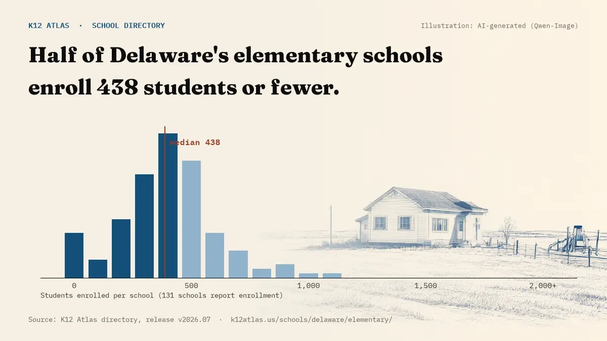 Histogram of enrollment: half of Delaware's elementary schools enroll 438 students or fewer (131 schools report enrollment).