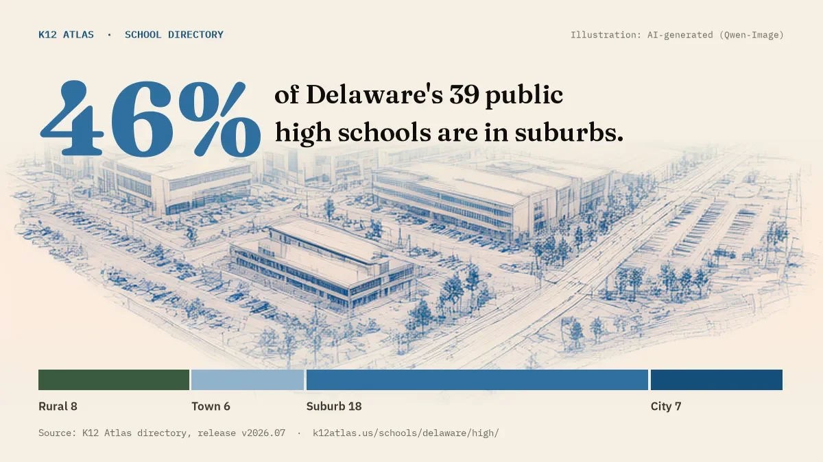 46% of Delaware's 39 public high schools are in suburbs (rural 8, town 6, suburb 18, city 7).