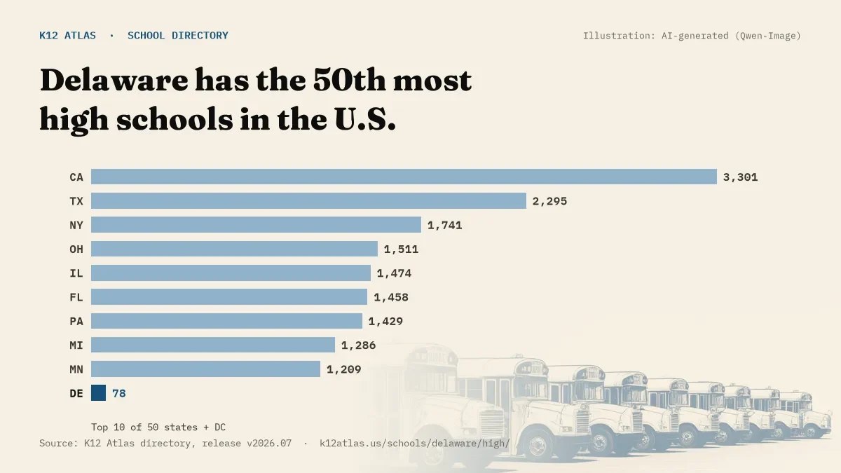 Bar chart of the states with the most high schools: Delaware has the 50th most of the 50 states and DC, with 78.