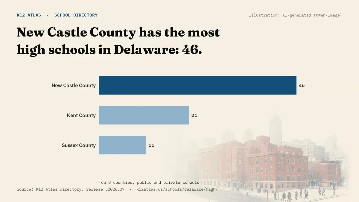 Bar chart of Delaware counties by number of high schools: New Castle County has the most, 46.
