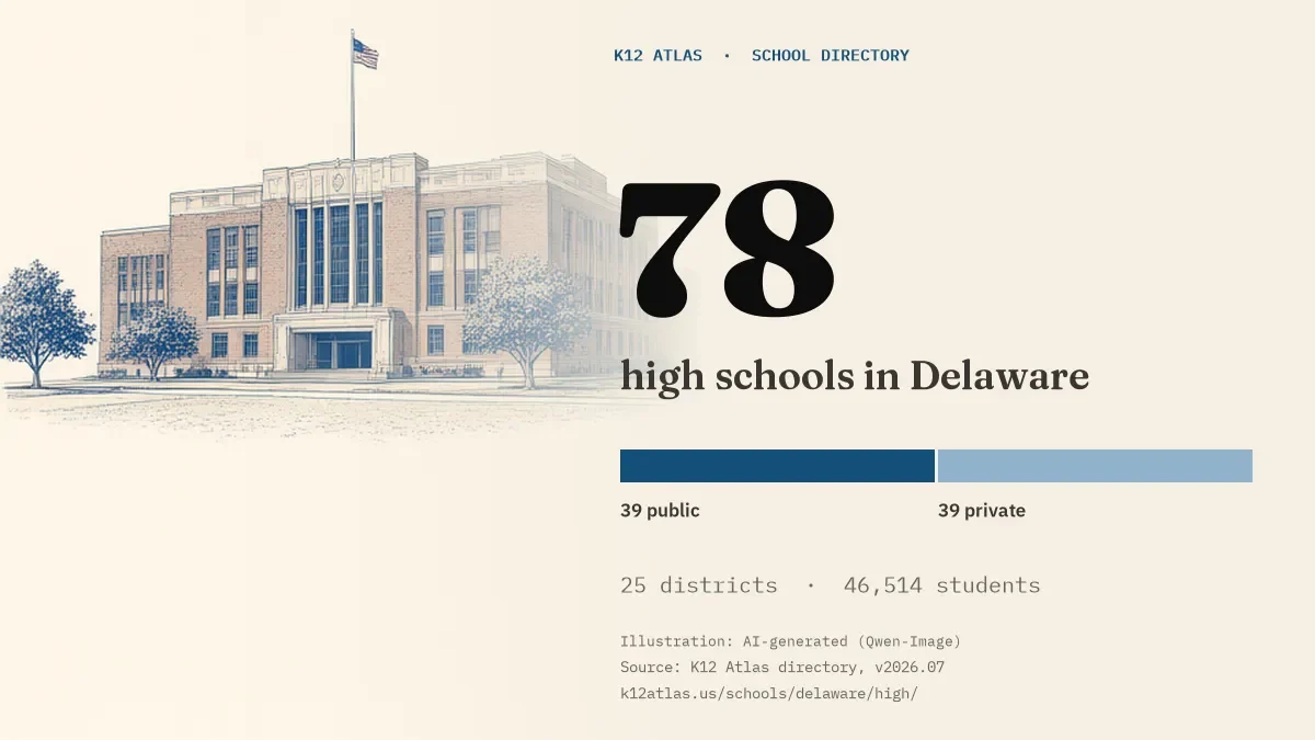 78 high schools in Delaware: 39 public and 39 private, across 25 districts with 46,514 students.