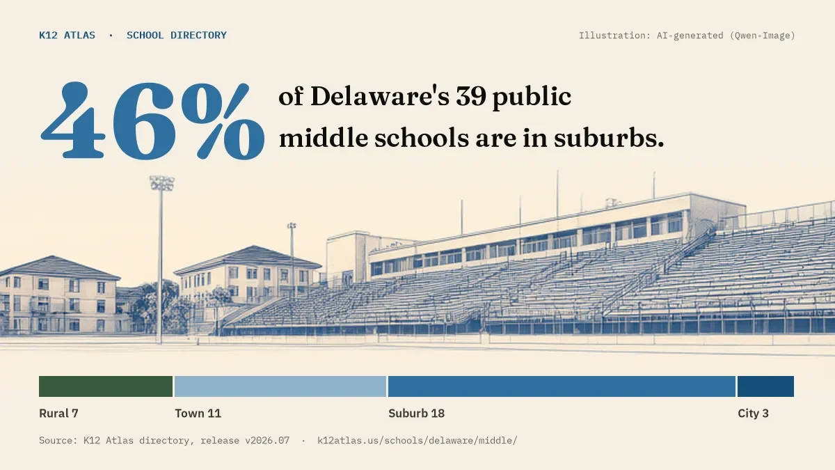 46% of Delaware's 39 public middle schools are in suburbs (rural 7, town 11, suburb 18, city 3).