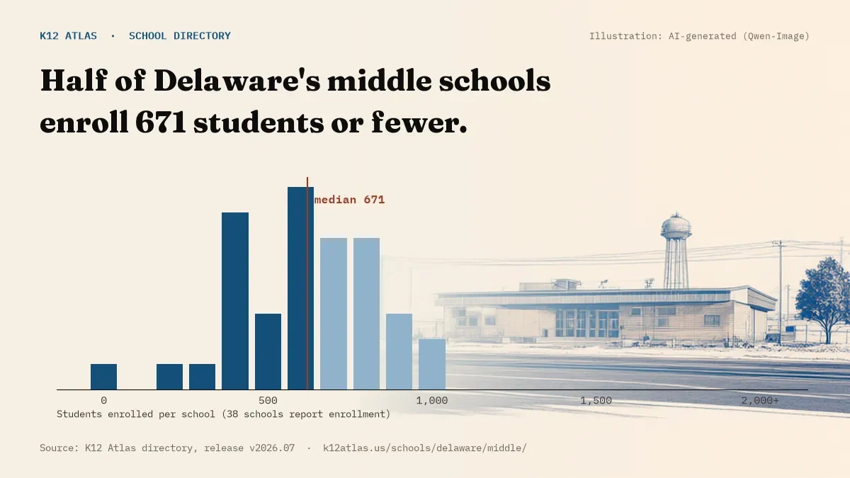 Histogram of enrollment: half of Delaware's middle schools enroll 671 students or fewer (38 schools report enrollment).