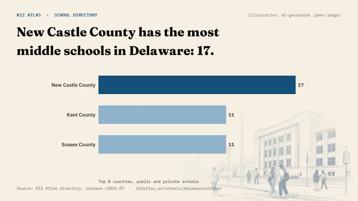 Bar chart of Delaware counties by number of middle schools: New Castle County has the most, 17.