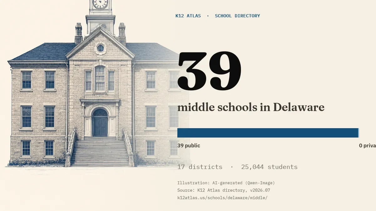 39 middle schools in Delaware: 39 public and 0 private, across 17 districts with 25,044 students.