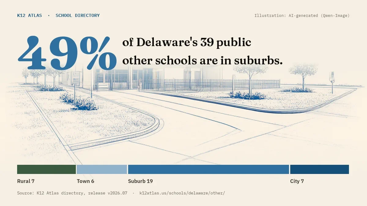 49% of Delaware's 39 public other schools are in suburbs (rural 7, town 6, suburb 19, city 7).
