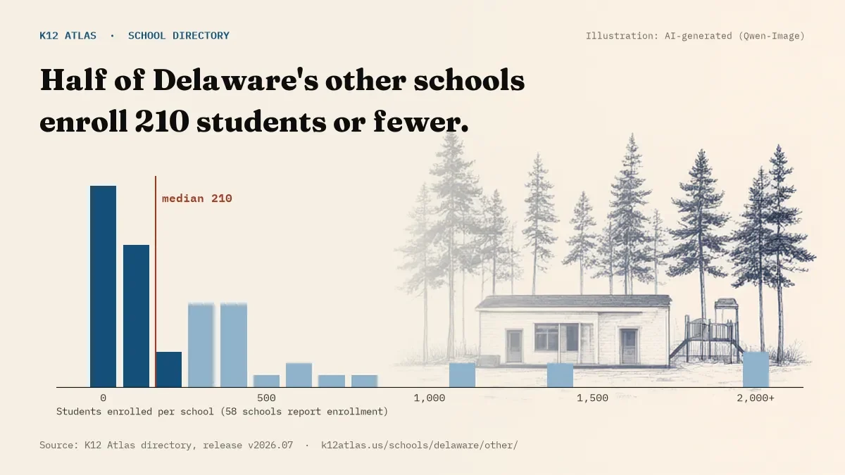 Histogram of enrollment: half of Delaware's other schools enroll 210 students or fewer (58 schools report enrollment).