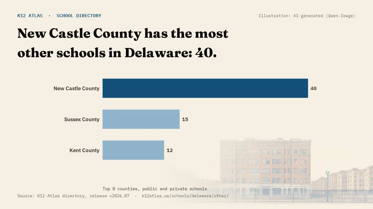 Bar chart of Delaware counties by number of other schools: New Castle County has the most, 40.